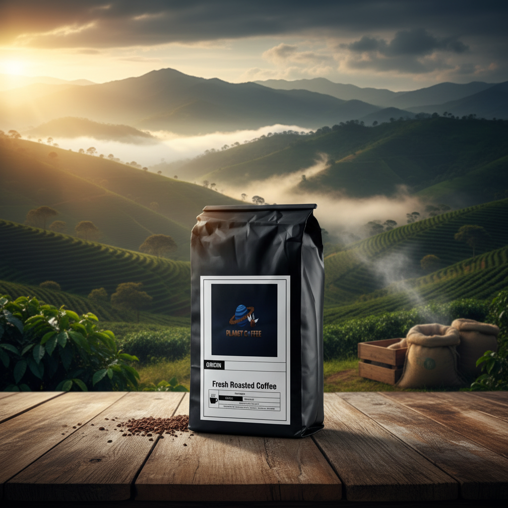 Colombia Single-Origin Coffee bag against misty mountain backdrop