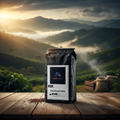 Colombia Single-Origin Coffee bag against misty mountain backdrop