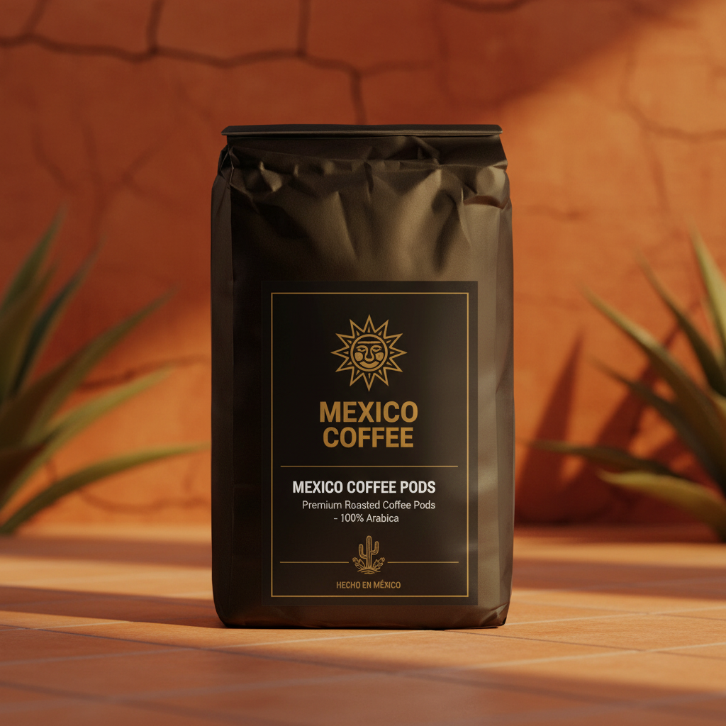 Mexico Coffee Pods bag against warm terracotta Mexican-inspired backdrop