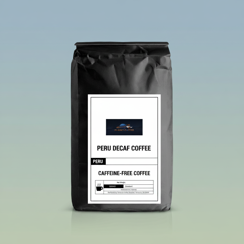 Peru Decaf Coffee bag against cool sage and blue backdrop